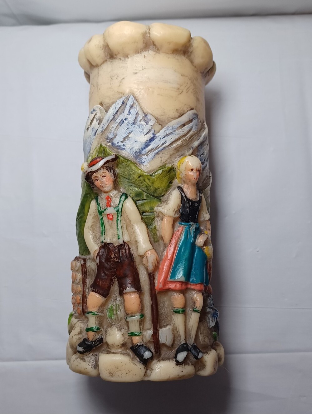 Hand-Painted Hand Carved 3D Alpine Couple Decorative Candle - Folk Art Vintage